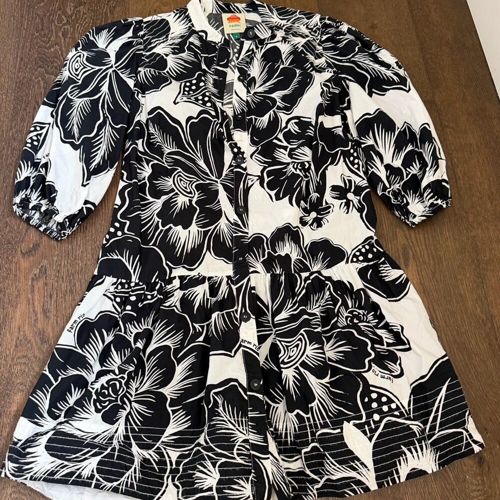 Farm Rio Women’s Floral Black and White Print Dress Sz S - Picture 5 of 8